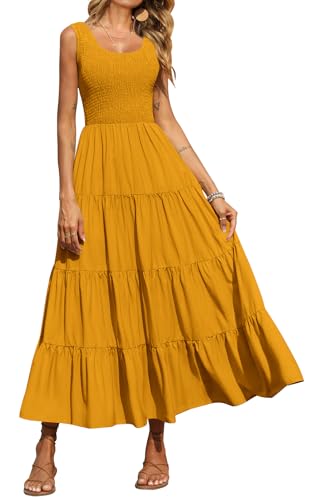 PRETTYGARDEN Damen 2024 Casual Loose Plain Maxi Sommerkleid Gesmoktes Tankkleid Ärmellos Sommer Strand Gestufte Lange Kleider, Kurkuma, Groß von PRETTYGARDEN