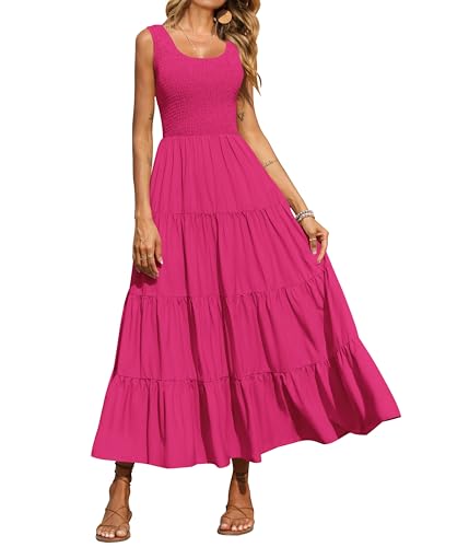PRETTYGARDEN Damen 2024 Casual Loose Plain Maxi Sommerkleid Gesmoktes Tankkleid Ärmellos Sommer Strand Gestufte Lange Kleider, Rosenrot, Klein von PRETTYGARDEN