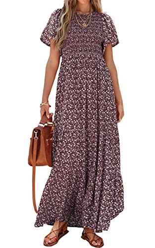 PRETTYGARDEN Damen 2024 Sommer Casual Flattern Kurzarm Boho Floral Maxikleid Rundhals gesmokte gestufte Lange Kleider, Weinrot, Groß von PRETTYGARDEN