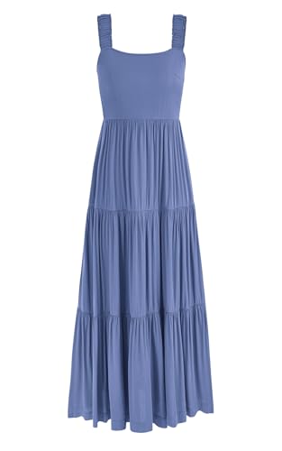 PRETTYGARDEN Damen 2024 Sommer ärmellos gestuft Maxikleid Casual Boho Flowy Chiffon Plissee Sommerkleid Tank Lange Kleider, Grau, Blau, Klein von PRETTYGARDEN