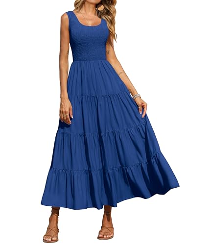 PRETTYGARDEN Damen 2025 Casual Loose Plain Maxi Sommerkleid Gesmoktes Tankkleid Ärmellos Sommer Strand Gestufte Lange Kleider, Dunkelblau, Klein von PRETTYGARDEN