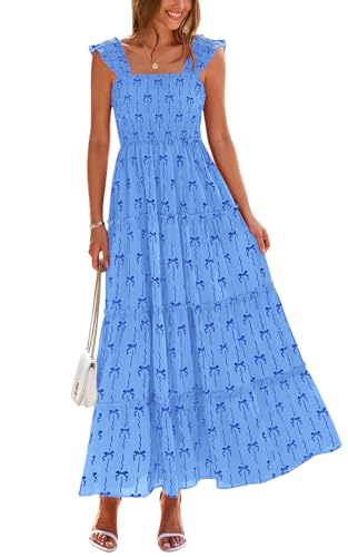 PRETTYGARDEN Damen 2025 Floral Maxi Sommerkleid gesmoktes Tankkleid ärmellos Rüschen Sommer gestufte lange Kleider mit Taschen, Blau, Klein von PRETTYGARDEN