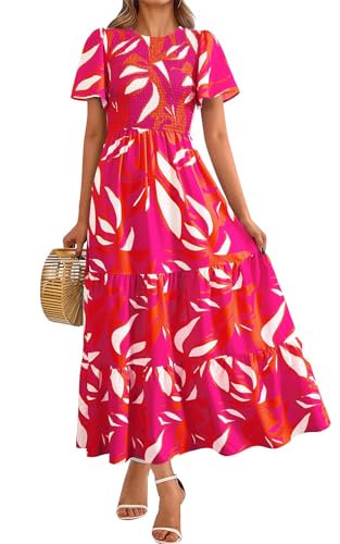 PRETTYGARDEN Damen 2025 Sommer Casual Flattern Kurzarm Boho Floral Maxikleid Rundhals gesmokte gestufte Lange Kleider, Blumenrose, Rot, Groß von PRETTYGARDEN