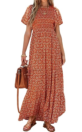PRETTYGARDEN Damen 2025 Sommer Casual Flattern Kurzarm Boho Floral Maxikleid Rundhals gesmokte gestufte lange Kleider, Orange/Abendrot im Zickzackmuster (Sunset Chevron), XX-Large von PRETTYGARDEN