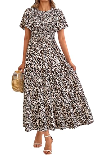 PRETTYGARDEN Damen 2025 Sommer Casual Flattern Kurzarm Boho Floral Maxikleid Rundhals gesmokte gestufte Lange Kleider, Schwarz Leopard, Groß von PRETTYGARDEN