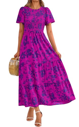 PRETTYGARDEN Damen 2025 Sommer Casual Flattern Kurzarm Boho Floral Maxikleid Rundhals gesmokte gestufte Lange Kleider, Violett (Blumenmuster), Groß von PRETTYGARDEN