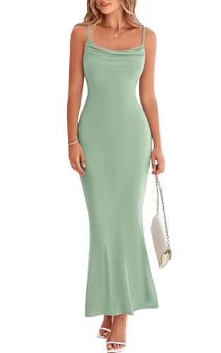 PRETTYGARDEN Damen 2025 Sommer Maxikleid Spaghettiträger Mesh Slip Bodycon Kleid Wasserfallausschnitt Cocktail Party Lange Kleider, Salbeigrün, Klein von PRETTYGARDEN