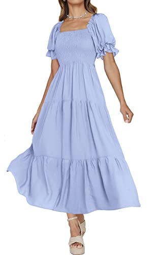 PRETTYGARDEN Damen Boho Blumendruck Sommerkleider Quadratischer Ausschnitt Puffärmel A Linie Langes Kleid Gesmoktes Casual Maxikleid, Einfarbig Hellblau, X-Groß von PRETTYGARDEN