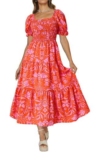 PRETTYGARDEN Damen Boho Blumendruck Sommerkleider Quadratischer Ausschnitt Puffärmel A Linie Langes Kleid Gesmokt Casual Maxikleid, Orange Rose Rot, Klein von PRETTYGARDEN