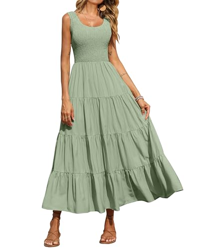 PRETTYGARDEN Damen Casual Loose Plain Maxi Sundress Smocked Tank Dress Sleeveless Summer Beach Gestuft Lange Kleider, Grün, Mittel von PRETTYGARDEN