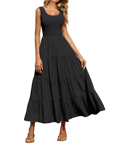 PRETTYGARDEN Damen Casual Loose Plain Maxi Sundress Smocked Tank Dress Sleeveless Summer Beach Gestuft Lange Kleider, schwarz, X-Groß von PRETTYGARDEN