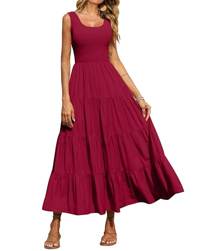 PRETTYGARDEN Damen Casual Loose Plain Maxi Sundress Smocked Tank Dress Sleeveless Summer Beach Gestuft Lange Kleider, weinrot, X-Groß von PRETTYGARDEN