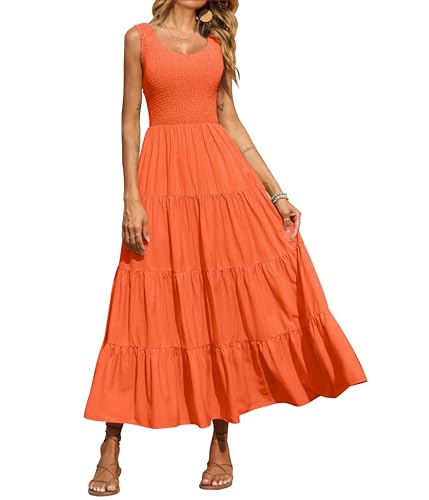 PRETTYGARDEN Damen Casual Lose Einfarbig Maxi Sommerkleid Gesmoktes Tank Kleid Ärmellos Sommer Strand Gestufte Lange Kleider, Orange/Abendrot im Zickzackmuster (Sunset Chevron), Klein von PRETTYGARDEN