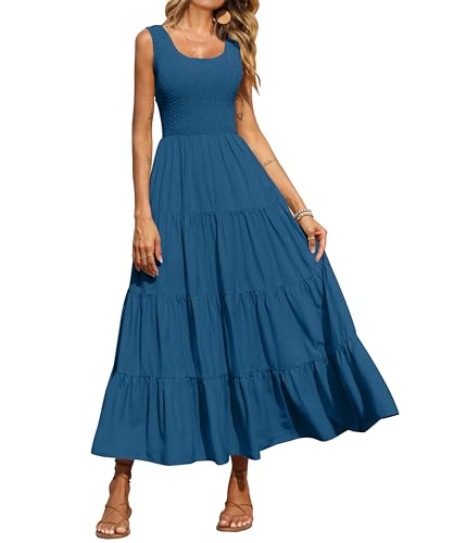 PRETTYGARDEN Damen Casual Lose Einfarbig Maxi Sommerkleid Gesmoktes Tank Kleid Ärmellos Sommer Strand Gestufte Lange Kleider, Seeblau, Groß von PRETTYGARDEN