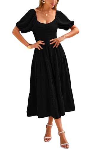 PRETTYGARDEN Damen Frühling Kleider 2024 Puffärmel V-Ausschnitt Schweizer Dot Hohe Taille Chiffon Kleid Tiered Gesmokte Maxikleider, Schwarz, Groß von PRETTYGARDEN