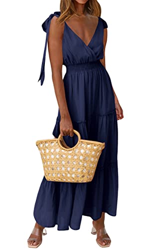 PRETTYGARDEN Damen Kreuzausschnitt Sommer Ärmellos Gestuftes Maxikleid Strand Tie Strap Gesmokte Lange Kleider Plissee Sommerkleid, Marineblau, X-Groß von PRETTYGARDEN