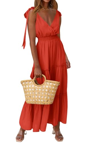 PRETTYGARDEN Damen Kreuzausschnitt Sommer Ärmellos Gestuftes Maxikleid Strand Tie Strap Gesmokte Lange Kleider Plissee Sommerkleid, Orange/Abendrot im Zickzackmuster (Sunset Chevron), Mittel von PRETTYGARDEN