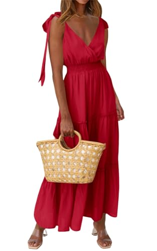 PRETTYGARDEN Damen Kreuzausschnitt Sommer Ärmellos Gestuftes Maxikleid Strand Tie Strap Gesmokte Lange Kleider Plissee Sommerkleid, Rot/Ausflug, einfarbig (Getaway Solids), Groß von PRETTYGARDEN