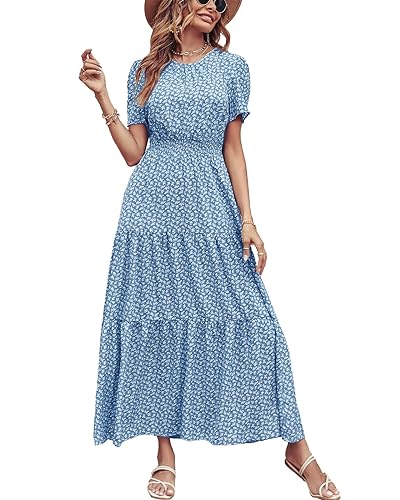 PRETTYGARDEN Damen Maxikleid, kurzärmelig, Rundhalsausschnitt, gesmokte elastische Taille, gestuft, Sommer, Boho, Blumenmuster, Sonnenkleider, Blätter Himmelblau, Klein von PRETTYGARDEN