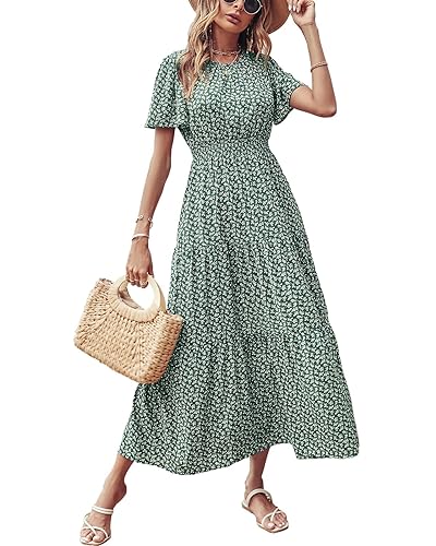 PRETTYGARDEN Damen Maxikleid, kurzärmelig, Rundhalsausschnitt, gesmokte elastische Taille, gestuft, Sommer, Boho, Blumenmuster, Sonnenkleider, Blätter grün, Groß von PRETTYGARDEN