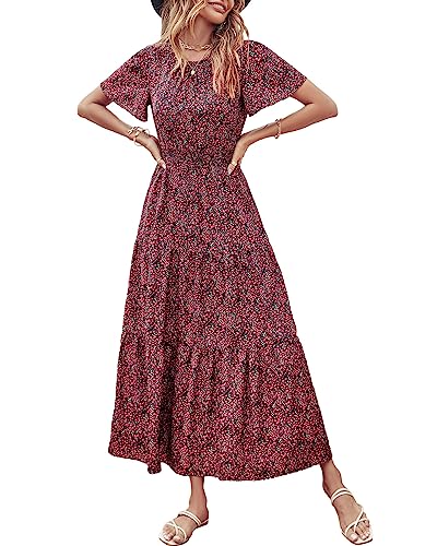 PRETTYGARDEN Damen Maxikleid, kurzärmelig, Rundhalsausschnitt, gesmokte elastische Taille, gestuft, Sommer, Boho, Blumenmuster, Sonnenkleider, Blumenmuster in Schwarz und Rot., Klein von PRETTYGARDEN