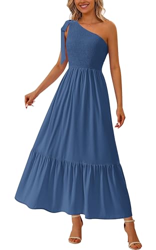PRETTYGARDEN Damen Maxikleid mit einer Schulter, gesmokt, fließend, Boho, Strand, langes Sommerkleid, ärmellos, Hochzeitsgästekleider, Blau, Mittel von PRETTYGARDEN