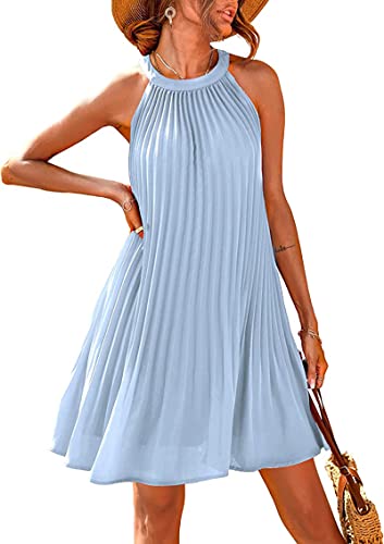 PRETTYGARDEN Damen Nette Neckholder Ärmellos Minikleid Einfarbig Flowy Plissee Strandkleid Sommerkleid, Hell, blau, Klein von PRETTYGARDEN