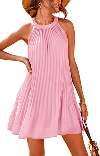 PRETTYGARDEN Damen-Minikleid mit niedlichem Neckholder, ärmellos, einfarbig, fließend, plissiert, Strandkleid, Sommerkleid, Pink, Klein von PRETTYGARDEN