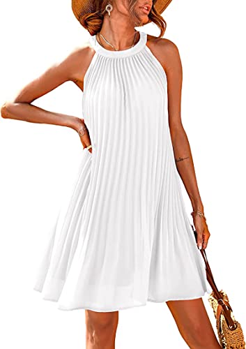 PRETTYGARDEN Damen-Sommerkleider 2024, niedliches Neckholder, ärmellos, Minikleid, einfarbig, fließend, plissiert, Strandkleid, Sommerkleid, Weiss/opulenter Garten, Mittel von PRETTYGARDEN