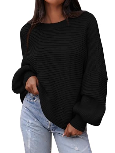PRETTYGARDEN Damen-Pullover Herbst 2025, Laterne, langärmelig, übergroß, lässig, Rundhalsausschnitt, Grobstrick, gerippter Pullover, Schwarz, L von PRETTYGARDEN