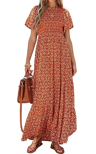 PRETTYGARDEN Damen 2024 Sommer Casual Flattern Kurzarm Boho Floral Maxikleid Rundhals gesmokte gestufte lange Kleider, Orange/Abendrot im Zickzackmuster (Sunset Chevron), Groß von PRETTYGARDEN