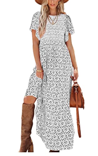 PRETTYGARDEN Damen Sommer Casual Flattern Kurzarm Boho Floral Maxikleid Rundhalsausschnitt Gesmokt Stufened Lange Kleider, Weiss/opulenter Garten, Mittel von PRETTYGARDEN