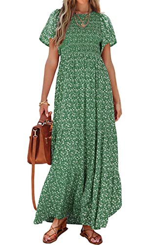 PRETTYGARDEN Damen Sommer Casual Flutter Kurzarm Boho Floral Maxikleid Rundhals Gesmokte Stufenkleider Lange Kleider, Grün, X-Groß von PRETTYGARDEN