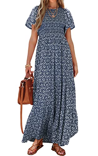 PRETTYGARDEN Damen Sommer Casual Flutter Kurzarm Boho Floral Maxikleid Rundhals Gesmokte Stufenkleider Lange Kleider, Marineblau, X-Groß von PRETTYGARDEN