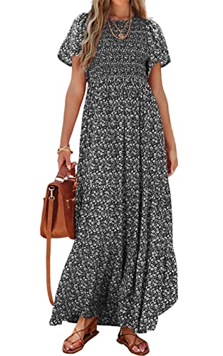 PRETTYGARDEN Damen Sommer Casual Flutter Kurzarm Boho Floral Maxikleid Rundhals Gesmokte Stufenkleider Lange Kleider, Schwarz, Mittel von PRETTYGARDEN