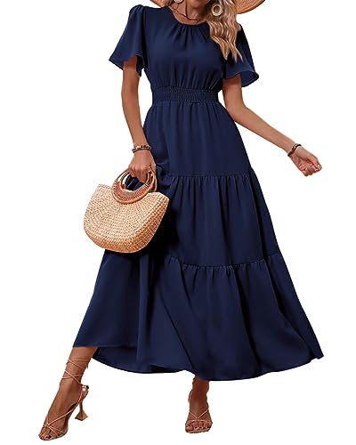 PRETTYGARDEN Damen-Maxikleid für den Sommer, lässig, Kurze Flatterärmel, Rundhalsausschnitt, gesmokte Taille, gestuft, Boho, Blumenmuster, fließendes Maxikleid, Solid Navy, Groß von PRETTYGARDEN