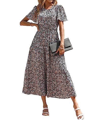 PRETTYGARDEN Damen Sommer Casual Kurze Flatterärmel Rundhals Gesmokte Taille Gestuftes Boho Floral Flowy Maxikleid, Blumenmuster und Blatt-Schwarz, Mittel von PRETTYGARDEN