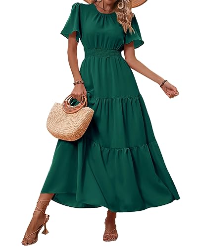 PRETTYGARDEN Damen Sommer Casual Kurze Flatterärmel Rundhals Gesmokte Taille Gestuftes Boho Floral Flowy Maxikleid, Dunkelgrün, Mittel von PRETTYGARDEN