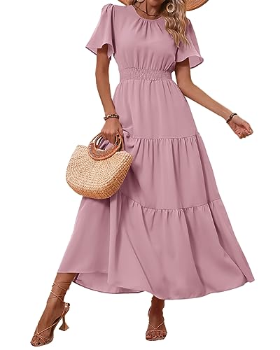 PRETTYGARDEN Damen Sommer Casual Kurze Flatterärmel Rundhals Gesmokte Taille Gestuftes Boho Floral Flowy Maxikleid, Solid Pink, Groß von PRETTYGARDEN