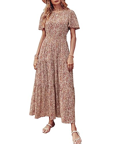 PRETTYGARDEN Damen Sommer Casual Kurze Flatterärmel Rundhals Gesmokte Taille Stufened Boho Floral Flowy Maxikleid, Blumen-Khaki, Mittel von PRETTYGARDEN