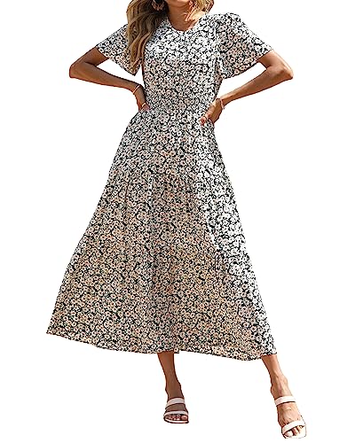 PRETTYGARDEN Damen Sommer Casual Kurze Flatterärmel Rundhals Gesmokte Taille Stufened Boho Floral Flowy Maxikleid, Floral Black, XX-Large von PRETTYGARDEN