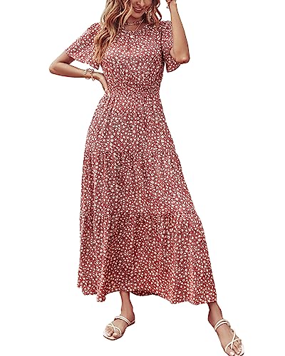 PRETTYGARDEN Damen Sommer Casual Kurze Flatterärmel Rundhals Gesmokte Taille Stufened Boho Floral Flowy Maxikleid, Floral Rot Braun, Mittel von PRETTYGARDEN