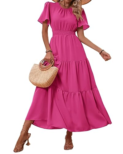 PRETTYGARDEN Damen Sommer Casual Kurze Flatterärmel Rundhals Gesmokte Taille Stufened Boho Floral Flowy Maxikleid, Massives Rosenrot, X-Groß von PRETTYGARDEN