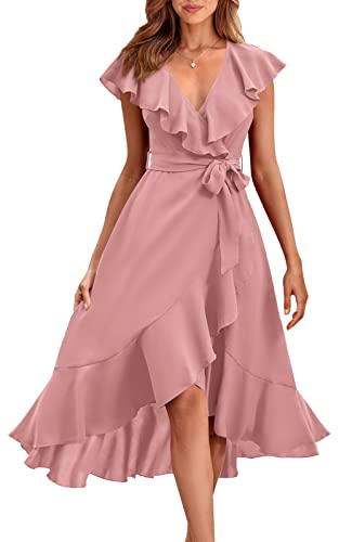 PRETTYGARDEN Damen Sommer Wrap Maxikleid Casual Boho Tiefer V-Ausschnitt Kurzarm Rüschensaum Split Strand Lange Kleider, Pink, X-Groß von PRETTYGARDEN