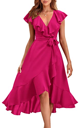PRETTYGARDEN Damen Sommer Wrap Maxikleid Casual Boho Tiefer V-Ausschnitt Kurzarm Rüschensaum Split Strand Lange Kleider, Rosenrot, Groß von PRETTYGARDEN