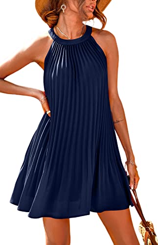 PRETTYGARDEN Damen-Sommerkleider, hübsches ärmelloses Minikleid mit Neckholder, einfarbig, fließend, plissiert, Strandkleid, Marineblau, Groß von PRETTYGARDEN