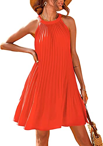 PRETTYGARDEN Damen-Sommerkleider, hübsches ärmelloses Minikleid mit Neckholder, einfarbig, fließend, plissiert, Strandkleid, Orange/Abendrot im Zickzackmuster (Sunset Chevron), Klein von PRETTYGARDEN