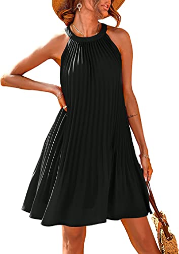 PRETTYGARDEN Damen-Sommerkleider, hübsches ärmelloses Minikleid mit Neckholder, einfarbig, fließend, plissiert, Strandkleid, Schwarz, Klein von PRETTYGARDEN