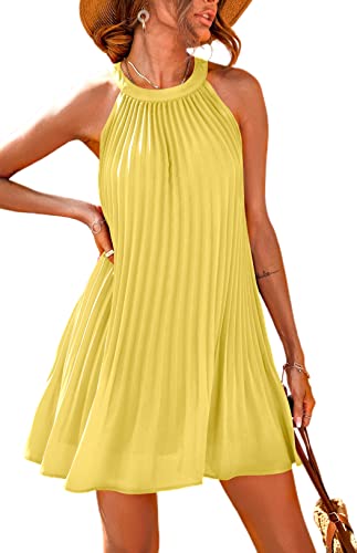 PRETTYGARDEN Damen-Sommerkleider, hübsches ärmelloses Minikleid mit Neckholder, einfarbig, fließend, plissiert, Strandkleid, gelb, X-Groß von PRETTYGARDEN