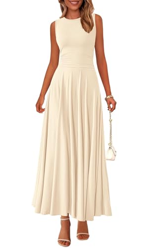 PRETTYGARDEN Damen-Sommerkleider 2025, lässig, ärmellos, Rundhalsausschnitt, Aline, Maxikleid, Stretch, Tanktop, fließend, lange Kleider, Beige, Mittel von PRETTYGARDEN
